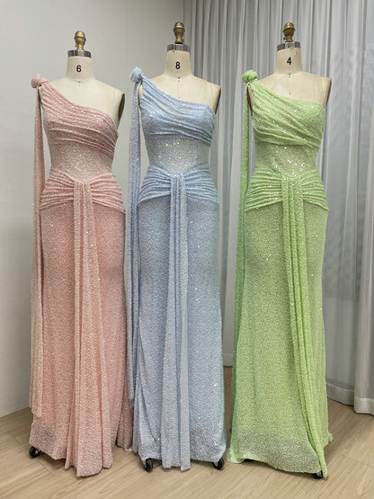 One-Shoulder Pink Sequin Mermaid Evening Gown - Shimmering Formal Dress MY30210