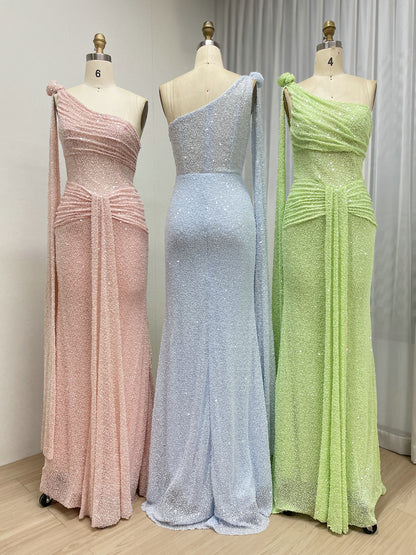 One-Shoulder Pink Sequin Mermaid Evening Gown - Shimmering Formal Dress MY30210