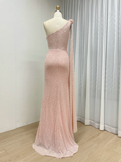 One-Shoulder Pink Sequin Mermaid Evening Gown - Shimmering Formal Dress MY30210