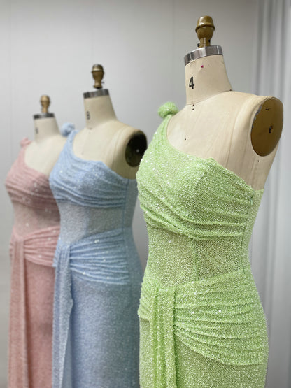 One-Shoulder Pink Sequin Mermaid Evening Gown - Shimmering Formal Dress MY30210