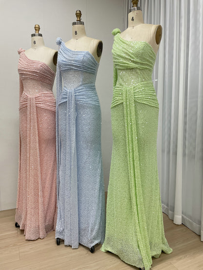 One-Shoulder Pink Sequin Mermaid Evening Gown - Shimmering Formal Dress MY30210