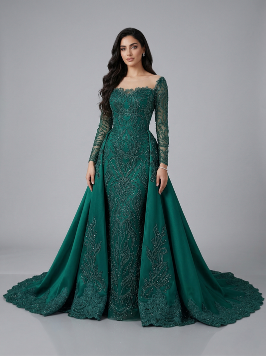 Emerald Green Long Sleeve Beaded Evening Gown with Dramatic Overskirt MY30211