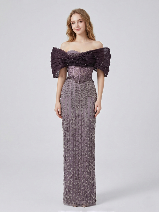 Brown Off-the-Shoulder Beaded Corset Evening Gown | Silver Leaf Gala Dress MY30214