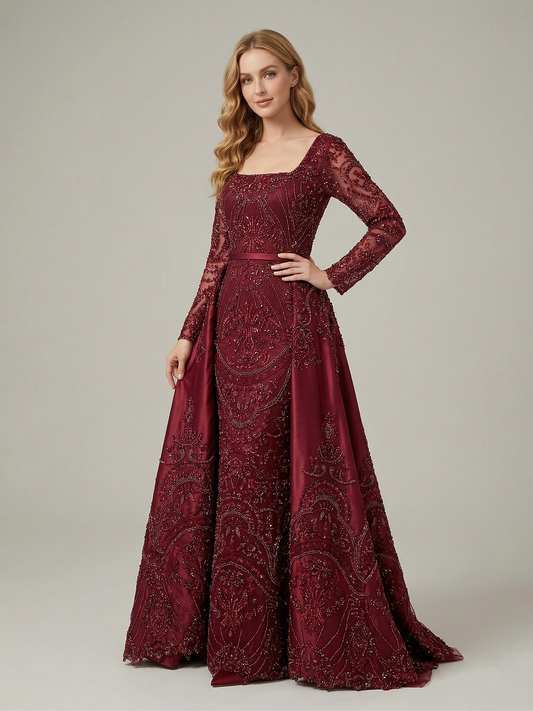 Burgundy Beaded Long Sleeve Evening Gown with Detachable Overskirt MY30215
