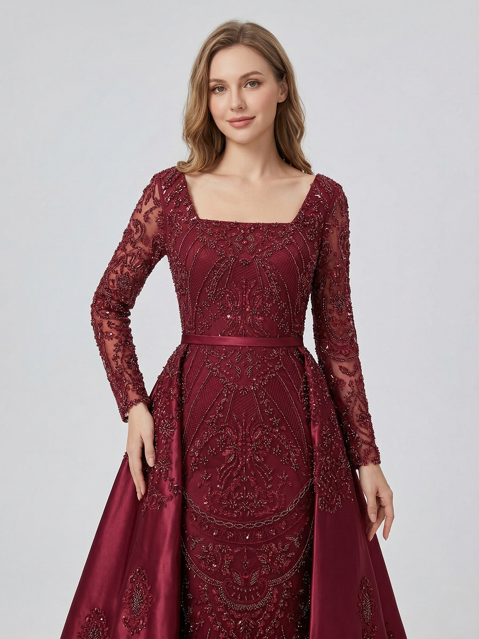 Burgundy Beaded Long Sleeve Evening Gown with Detachable Overskirt MY30215