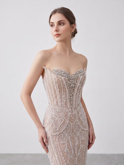 Ivory Nude Couture Pageant Dress with Crystal Pearls and Overskirt MY30216-2B