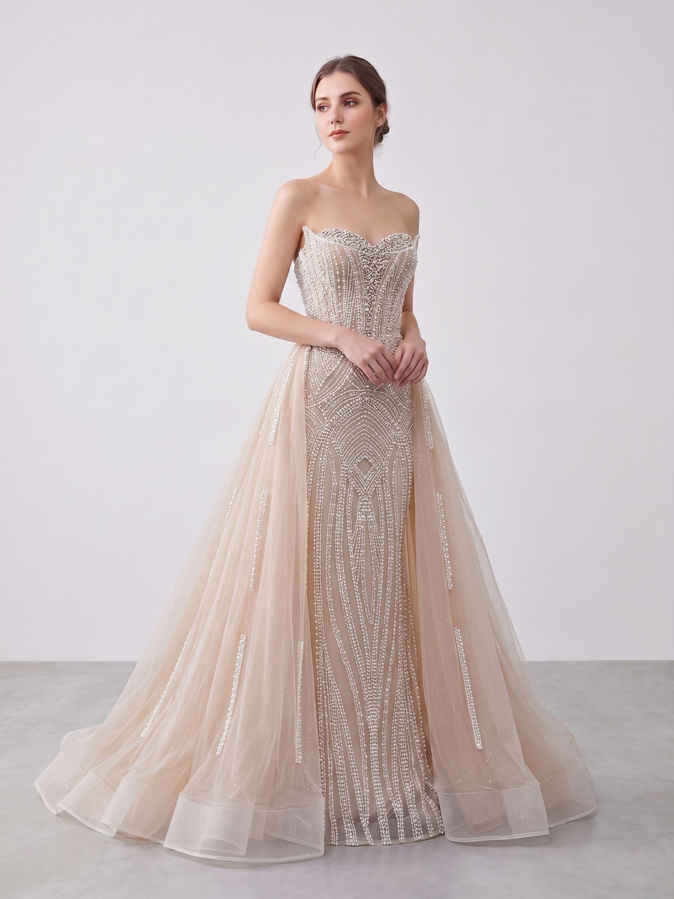 ivory nude pearl beaded mermaid evening gown with corset bodice and detachable overskirt train