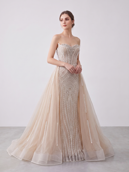 ivory nude pearl beaded mermaid evening gown with corset bodice and detachable overskirt train