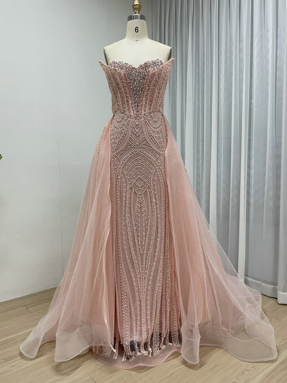 Ivory Nude Couture Pageant Dress with Crystal Pearls and Overskirt MY30216-2B