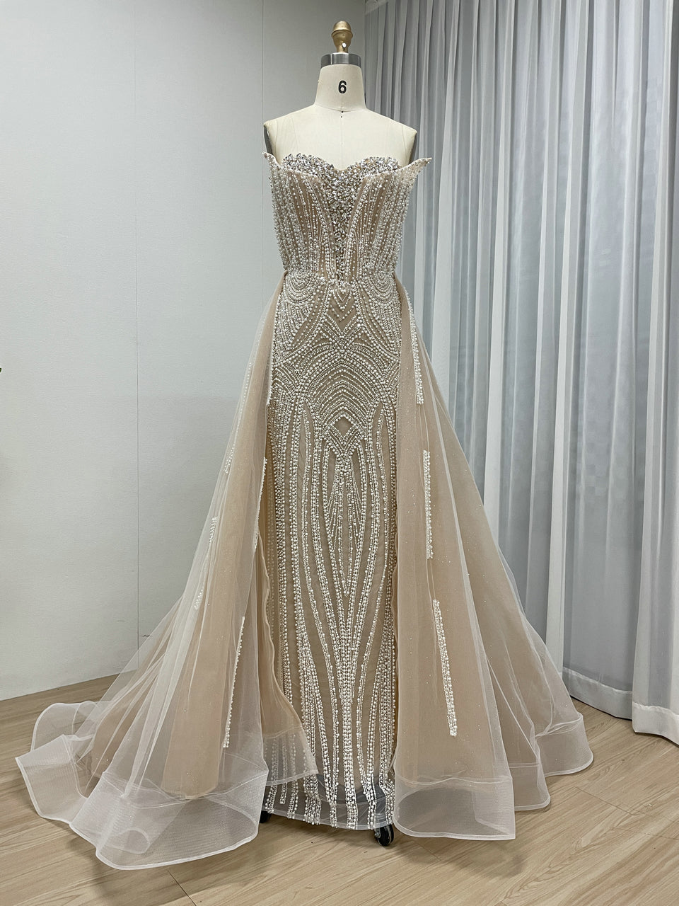 Ivory Nude Couture Pageant Dress with Crystal Pearls and Overskirt MY30216-2B