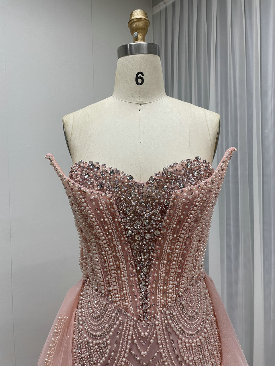 Ivory Nude Couture Pageant Dress with Crystal Pearls and Overskirt MY30216-2B