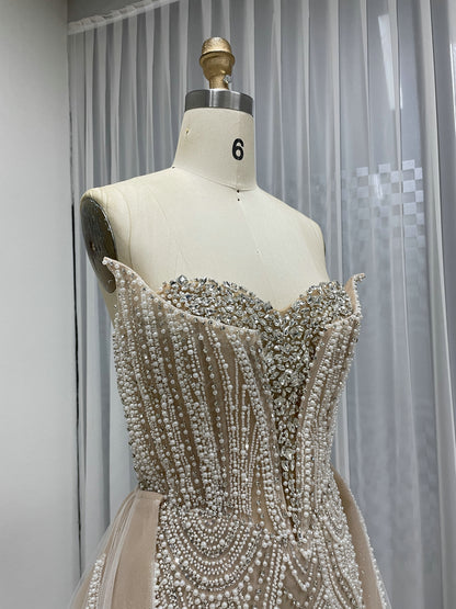 Ivory Nude Couture Pageant Dress with Crystal Pearls and Overskirt MY30216-2B