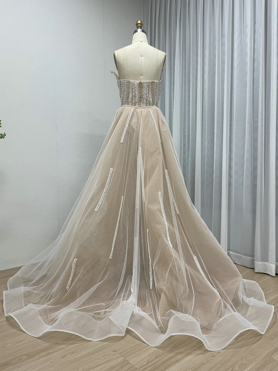 Ivory Nude Couture Pageant Dress with Crystal Pearls and Overskirt MY30216-2B