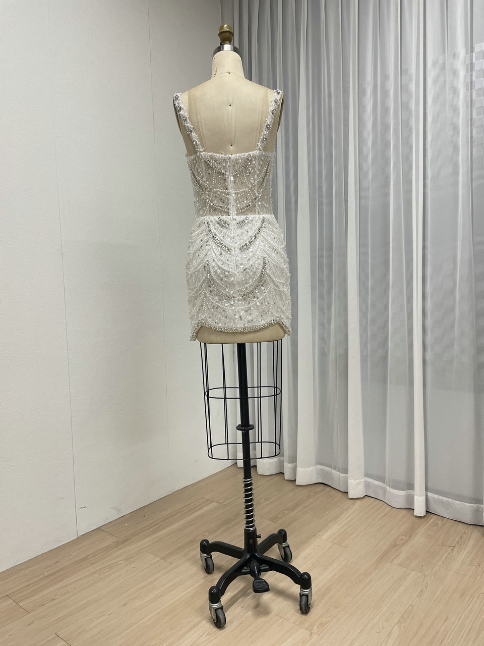 Champagne Pearl & Crystal Beaded Mini Dress Luxury Bridal After-Party Dress MY30217