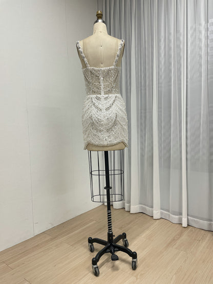 Champagne Pearl & Crystal Beaded Mini Dress Luxury Bridal After-Party Dress MY30217