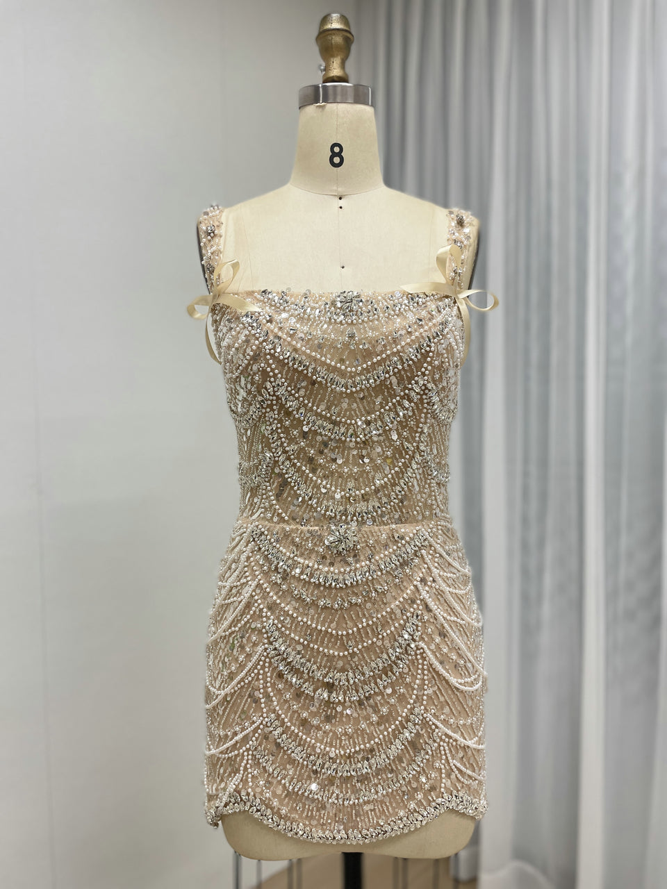 Champagne Pearl & Crystal Beaded Mini Dress Luxury Bridal After-Party Dress MY30217