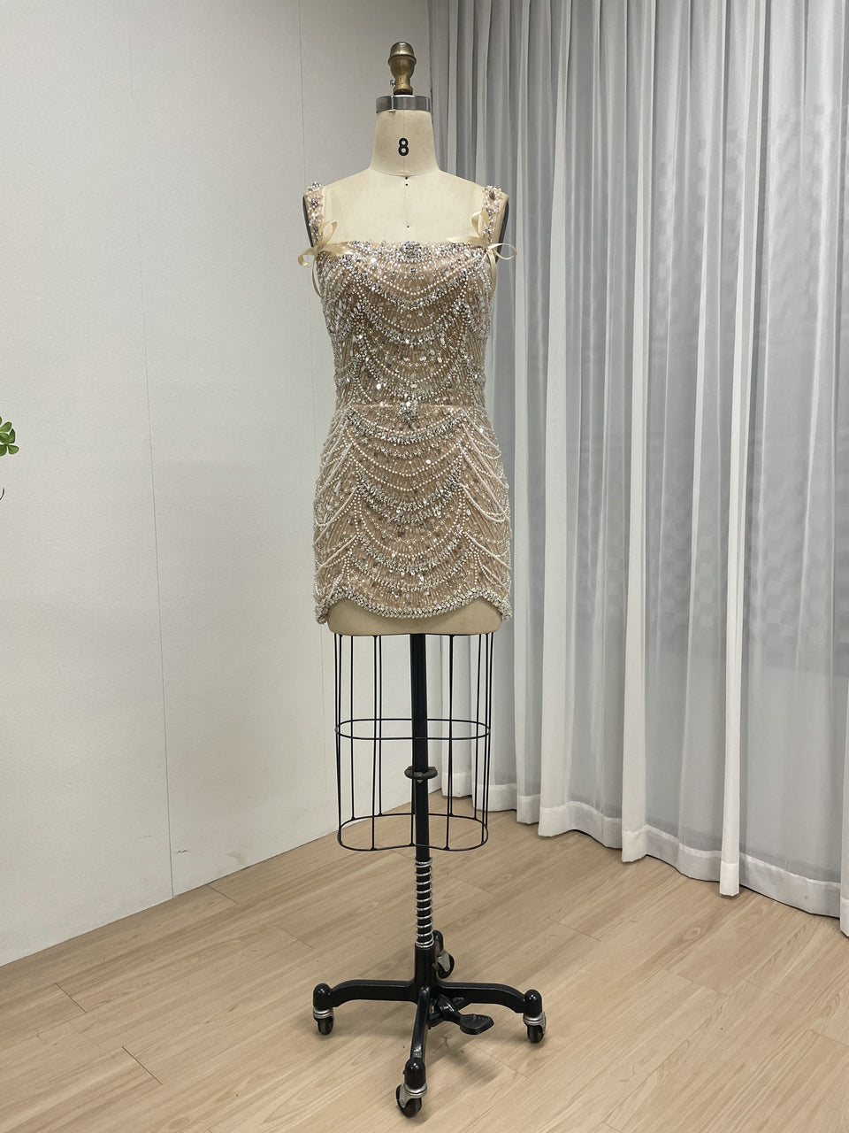 Champagne Pearl & Crystal Beaded Mini Dress Luxury Bridal After-Party Dress MY30217
