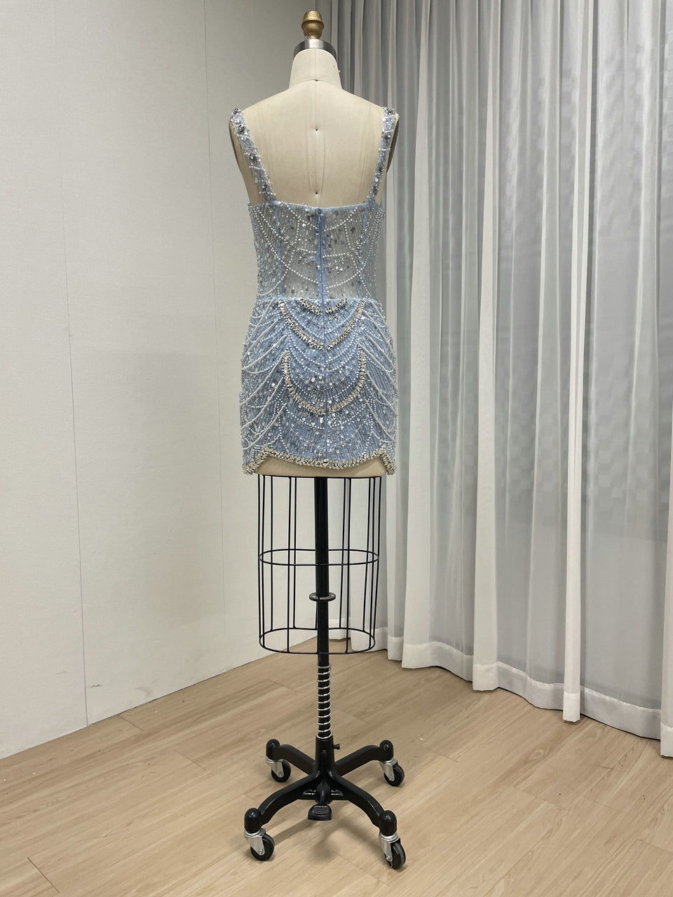 Champagne Pearl & Crystal Beaded Mini Dress Luxury Bridal After-Party Dress MY30217