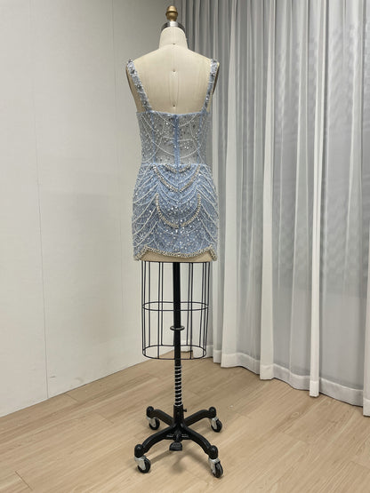 Champagne Pearl & Crystal Beaded Mini Dress Luxury Bridal After-Party Dress MY30217