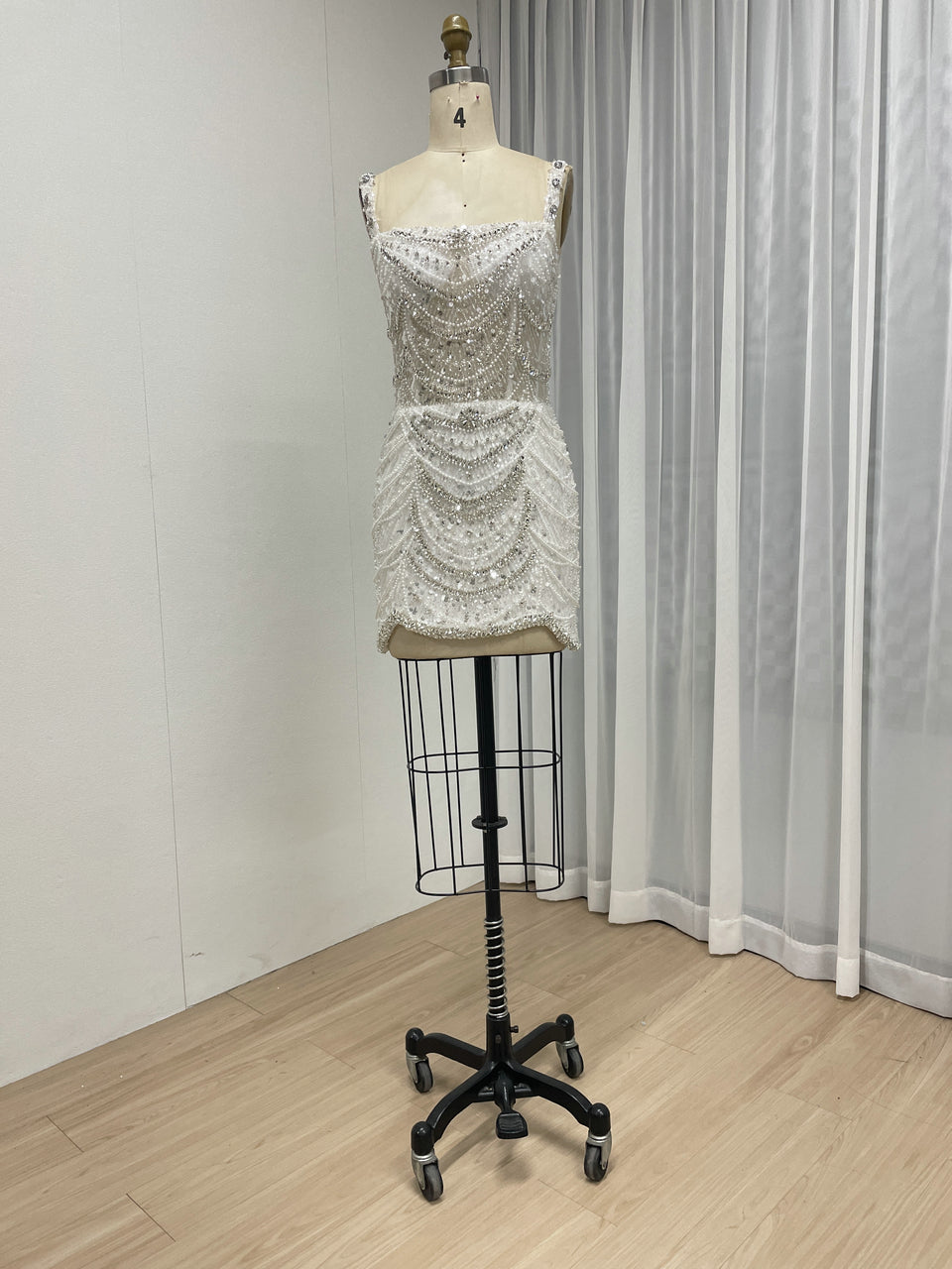 Champagne Pearl & Crystal Beaded Mini Dress Luxury Bridal After-Party Dress MY30217