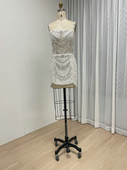 Champagne Pearl & Crystal Beaded Mini Dress Luxury Bridal After-Party Dress MY30217