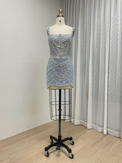 Champagne Pearl & Crystal Beaded Mini Dress Luxury Bridal After-Party Dress MY30217