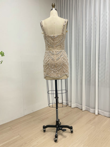 Champagne Pearl & Crystal Beaded Mini Dress Luxury Bridal After-Party Dress MY30217