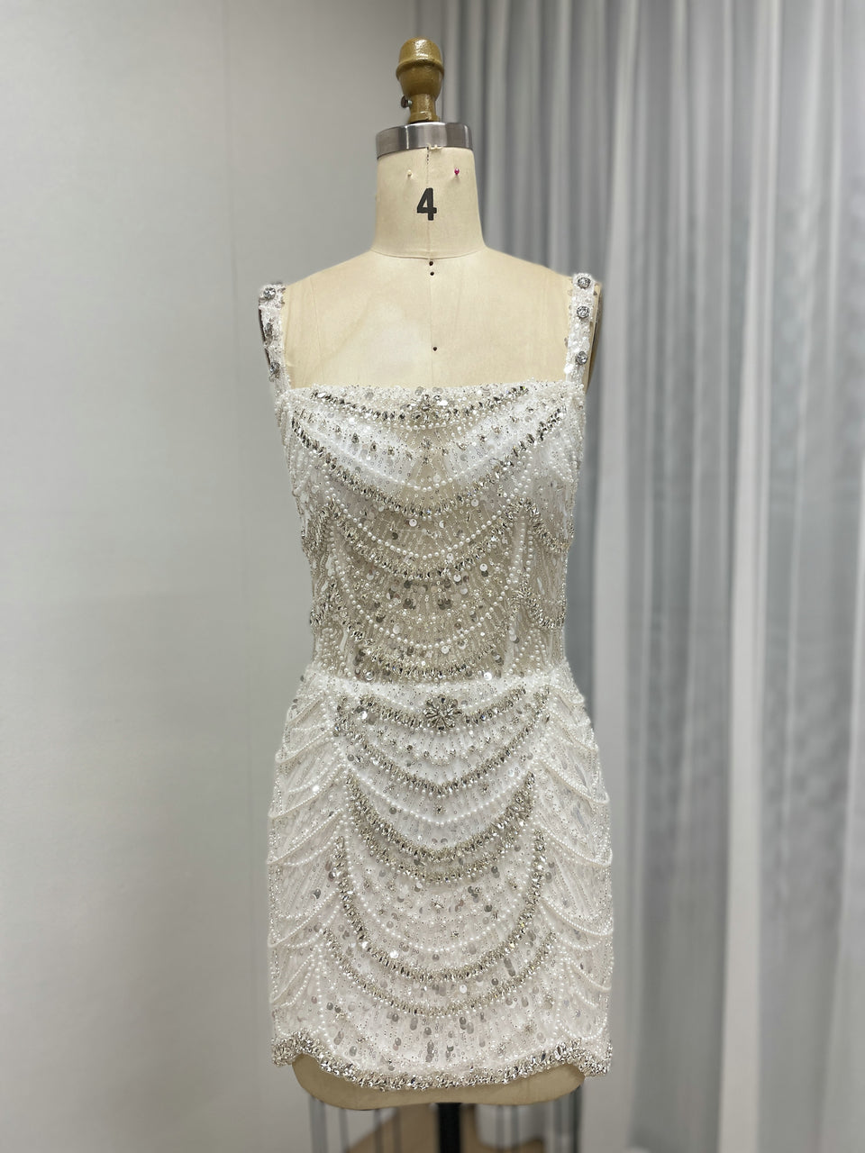 Champagne Pearl & Crystal Beaded Mini Dress Luxury Bridal After-Party Dress MY30217