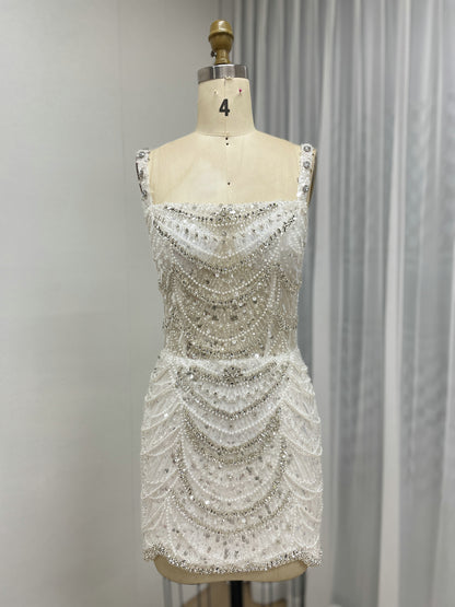 Champagne Pearl & Crystal Beaded Mini Dress Luxury Bridal After-Party Dress MY30217
