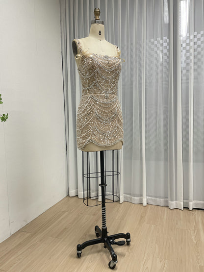Champagne Pearl & Crystal Beaded Mini Dress Luxury Bridal After-Party Dress MY30217