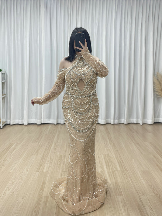 Champagne Beaded Evening Gown Plunging V-Neck Trumpet Long Sleeve Formal Dress MY30218