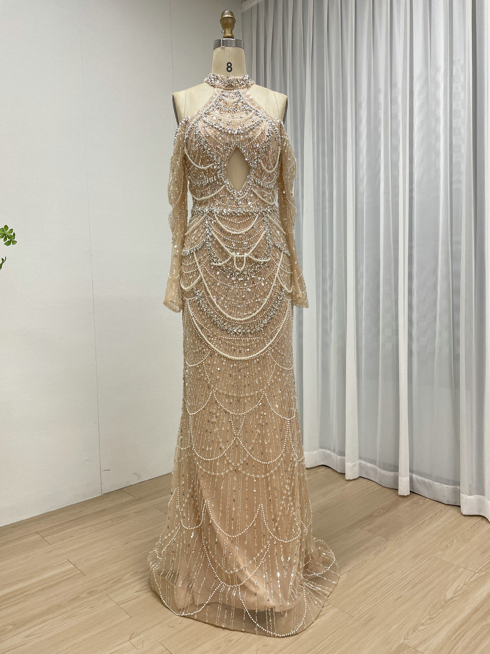 Champagne Beaded Evening Gown Plunging V-Neck Trumpet Long Sleeve Formal Dress MY30218