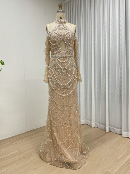 Champagne Beaded Evening Gown Plunging V-Neck Trumpet Long Sleeve Formal Dress MY30218