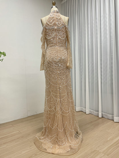 Champagne Beaded Evening Gown Plunging V-Neck Trumpet Long Sleeve Formal Dress MY30218