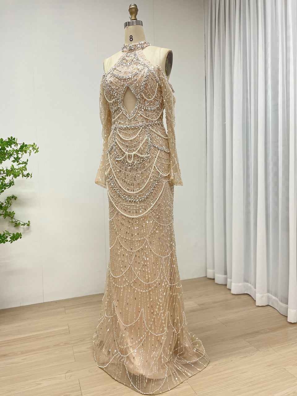 Champagne Beaded Evening Gown Plunging V-Neck Trumpet Long Sleeve Formal Dress MY30218