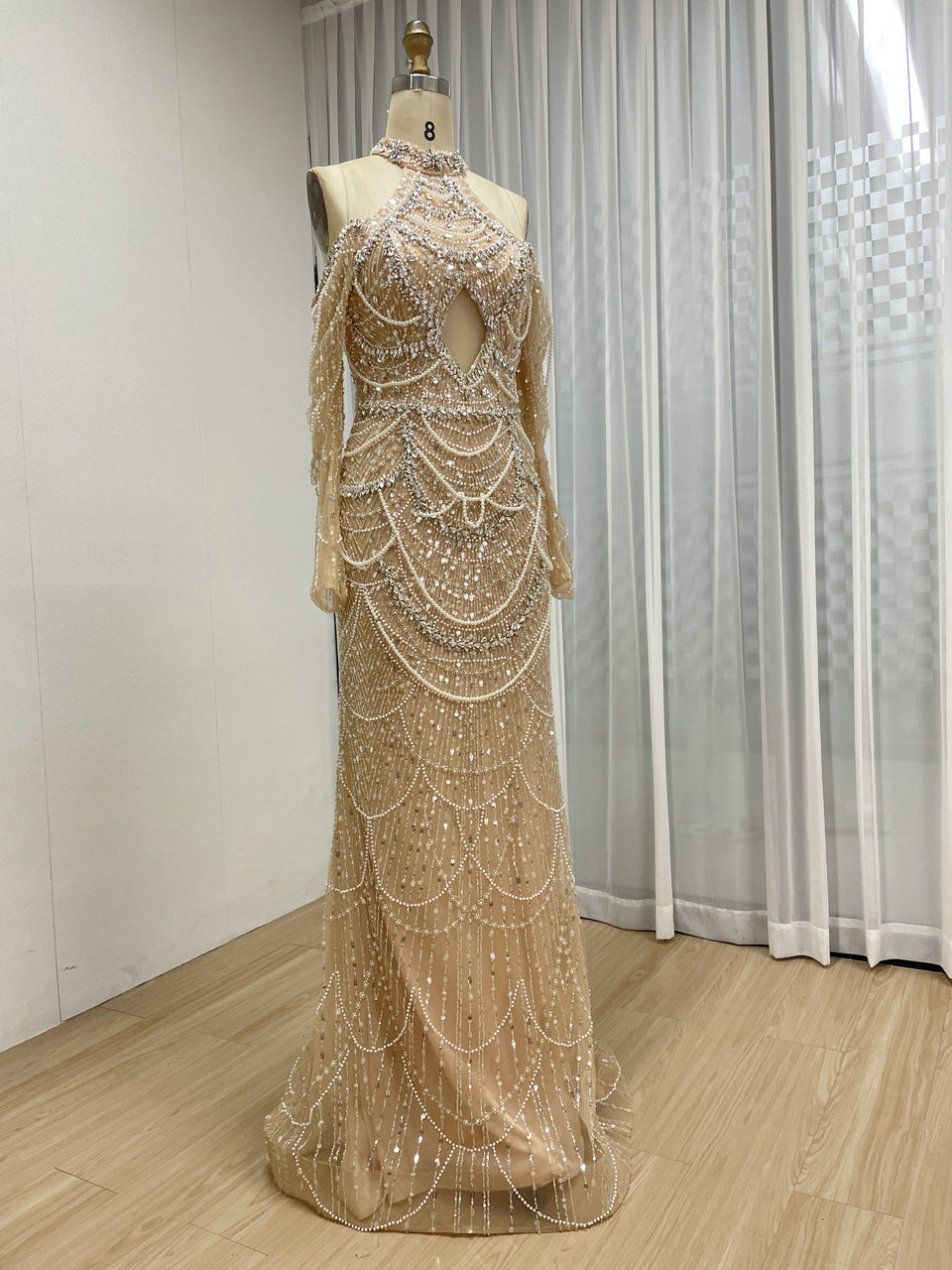 Champagne Beaded Evening Gown Plunging V-Neck Trumpet Long Sleeve Formal Dress MY30218