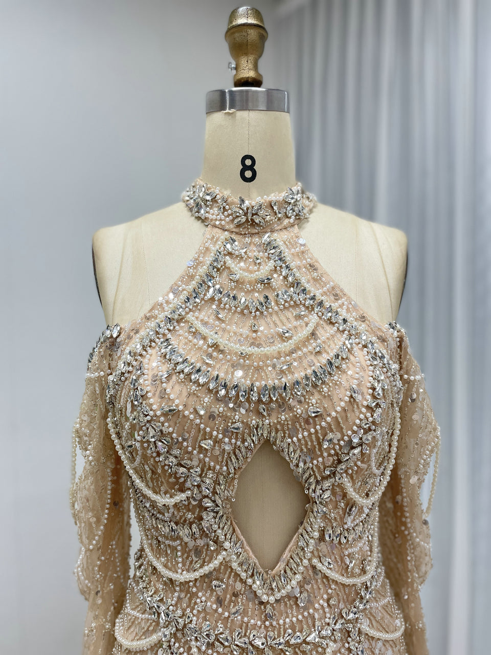 Champagne Beaded Evening Gown Plunging V-Neck Trumpet Long Sleeve Formal Dress MY30218