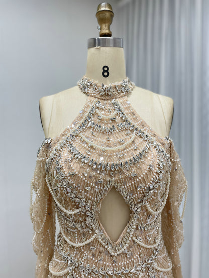 Champagne Beaded Evening Gown Plunging V-Neck Trumpet Long Sleeve Formal Dress MY30218