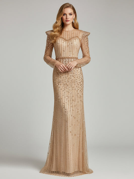 Elegant Gold Beaded Evening Gown with Ruffle Shoulders Sheer Neckline Formal Dress MY30219