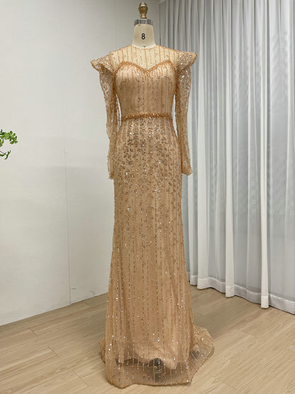 Elegant Gold Beaded Evening Gown with Ruffle Shoulders Sheer Neckline Formal Dress MY30219