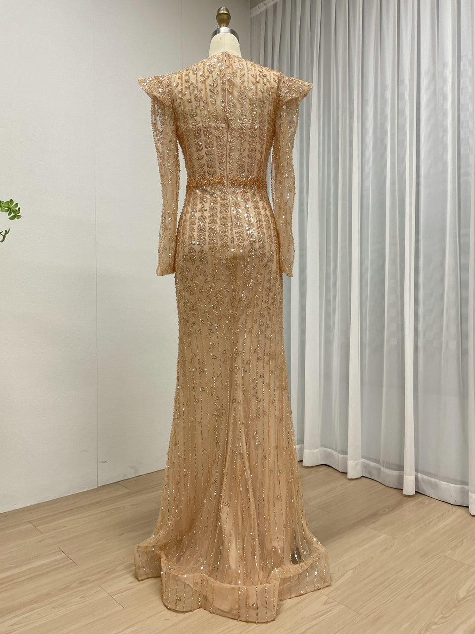 Elegant Gold Beaded Evening Gown with Ruffle Shoulders Sheer Neckline Formal Dress MY30219