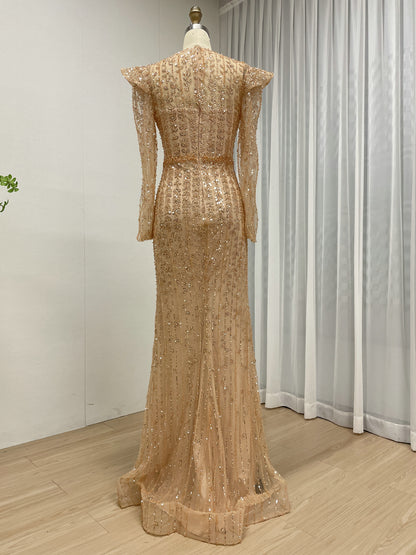 Elegant Gold Beaded Evening Gown with Ruffle Shoulders Sheer Neckline Formal Dress MY30219
