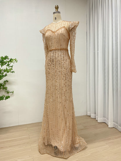 Elegant Gold Beaded Evening Gown with Ruffle Shoulders Sheer Neckline Formal Dress MY30219