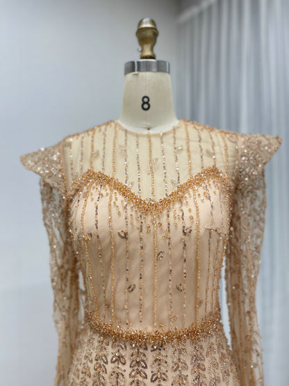 Elegant Gold Beaded Evening Gown with Ruffle Shoulders Sheer Neckline Formal Dress MY30219