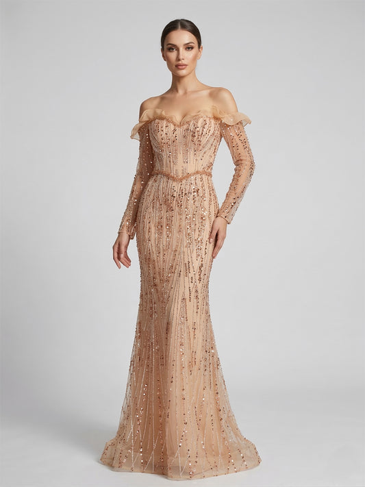 Shimmering Champagne Off-the-Shoulder Evening Gown with Ruffle Trim Beaded MY30220