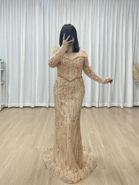 Shimmering Champagne Off-the-Shoulder Evening Gown with Ruffle Trim Beaded MY30220