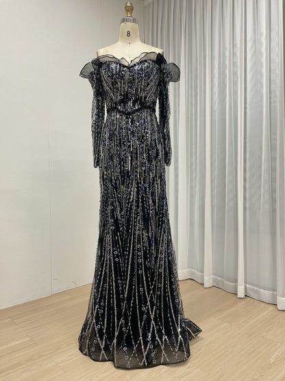 Shimmering Champagne Off-the-Shoulder Evening Gown with Ruffle Trim Beaded MY30220