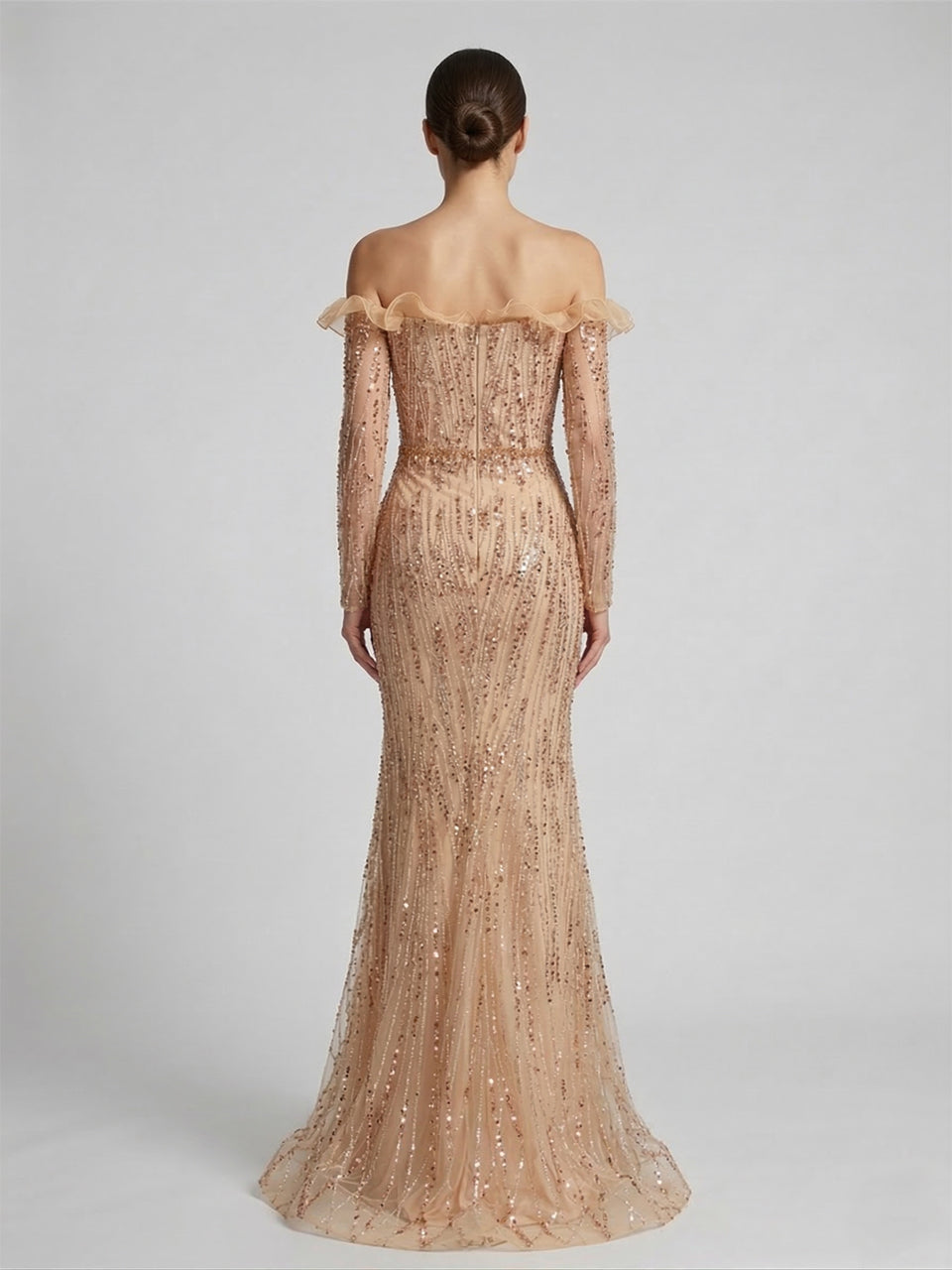 Shimmering Champagne Off-the-Shoulder Evening Gown with Ruffle Trim Beaded MY30220