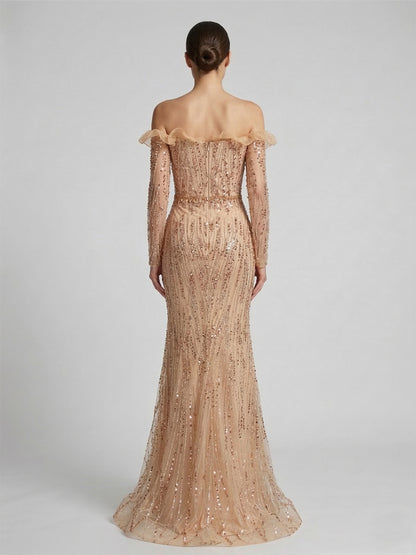 Shimmering Champagne Off-the-Shoulder Evening Gown with Ruffle Trim Beaded MY30220