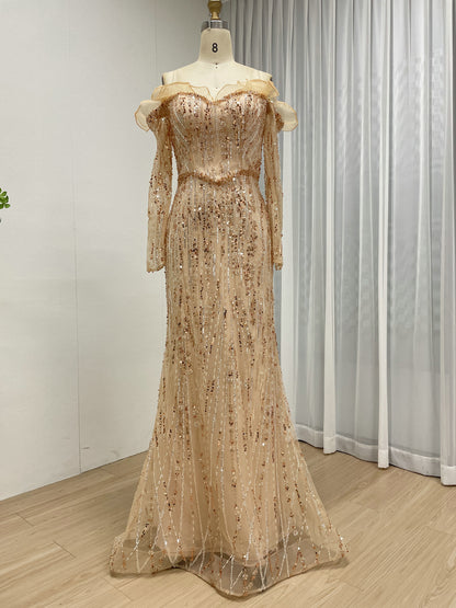 Shimmering Champagne Off-the-Shoulder Evening Gown with Ruffle Trim Beaded MY30220